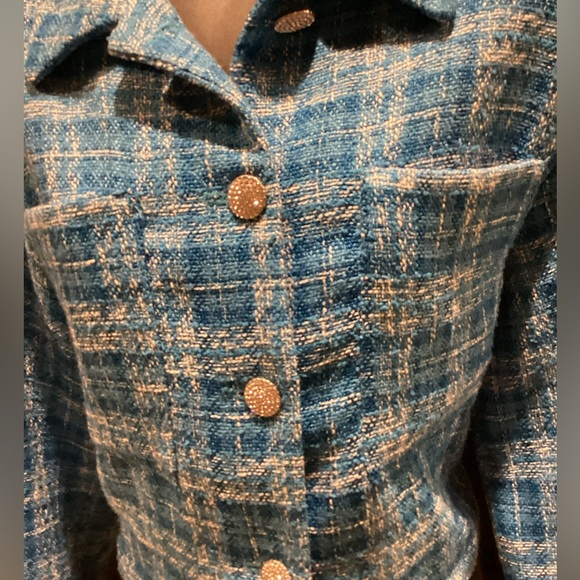 ZARA BLUE TWEED CROPPED LONG SLEEVE RHINESTONE BUTTON OVERSIZED JACKET SZ. L - Picture 5 of 15
